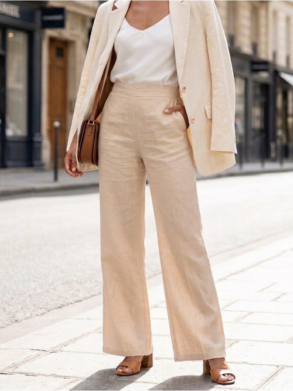 Vgr Girl High-Waist Boot-Cut Linen Pants in Light Beige